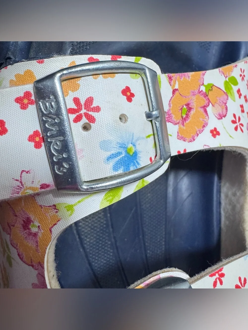 Birki’s Floral Double Strap Sandals White Pink Blue Comfort Slides 36